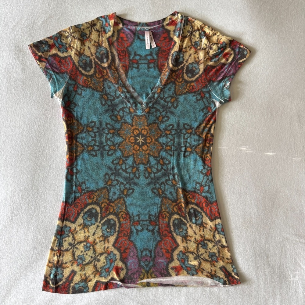 Mandala Paisley Print V-Neck Tee M Blue Gold Handmade Mexico 90s Grunge Boho Art